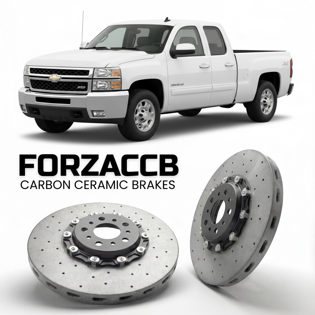 ForzaCCB direct OEM replacement carbon ceramic brake rotors for 2005-2006 Crew Cab) Chevrolet Silverado 3500 HD I (facelift 2003 models, shown with a white Chevrolet Silverado 3500 HD car.