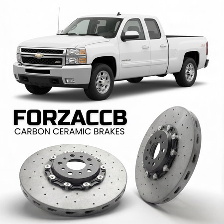 ForzaCCB direct OEM replacement carbon ceramic brake rotors for 2005-2006 Crew Cab) Chevrolet Silverado 3500 HD I (facelift 2003 models, shown with a white Chevrolet Silverado 3500 HD car.
