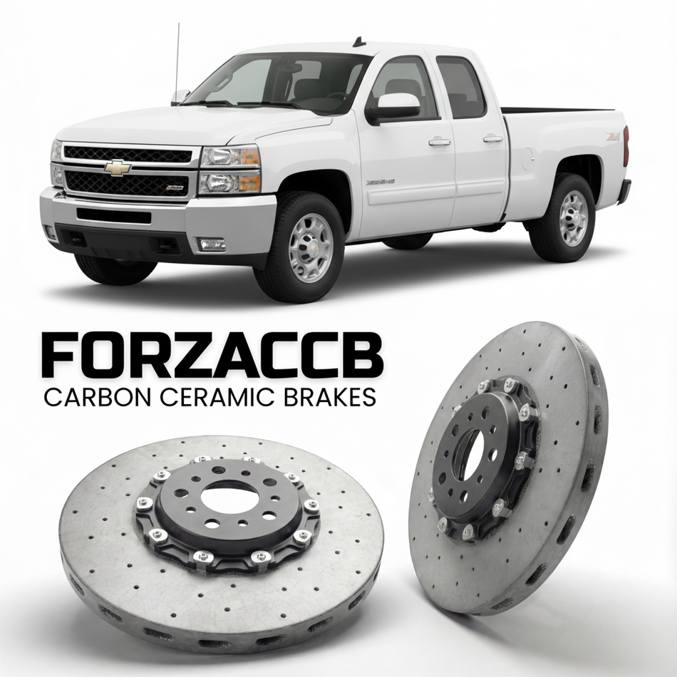 ForzaCCB direct OEM replacement carbon ceramic brake rotors for 2005-2006 Crew Cab) Chevrolet Silverado 3500 HD I (facelift 2003 models, shown with a white Chevrolet Silverado 3500 HD car.