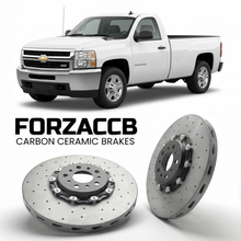 ForzaCCB direct OEM replacement carbon ceramic brake rotors for 2007-2010 Regular Cab Long Box) Chevrolet Silverado 3500 HD II (GMT900 models, shown with a white Chevrolet Silverado 3500 HD car.