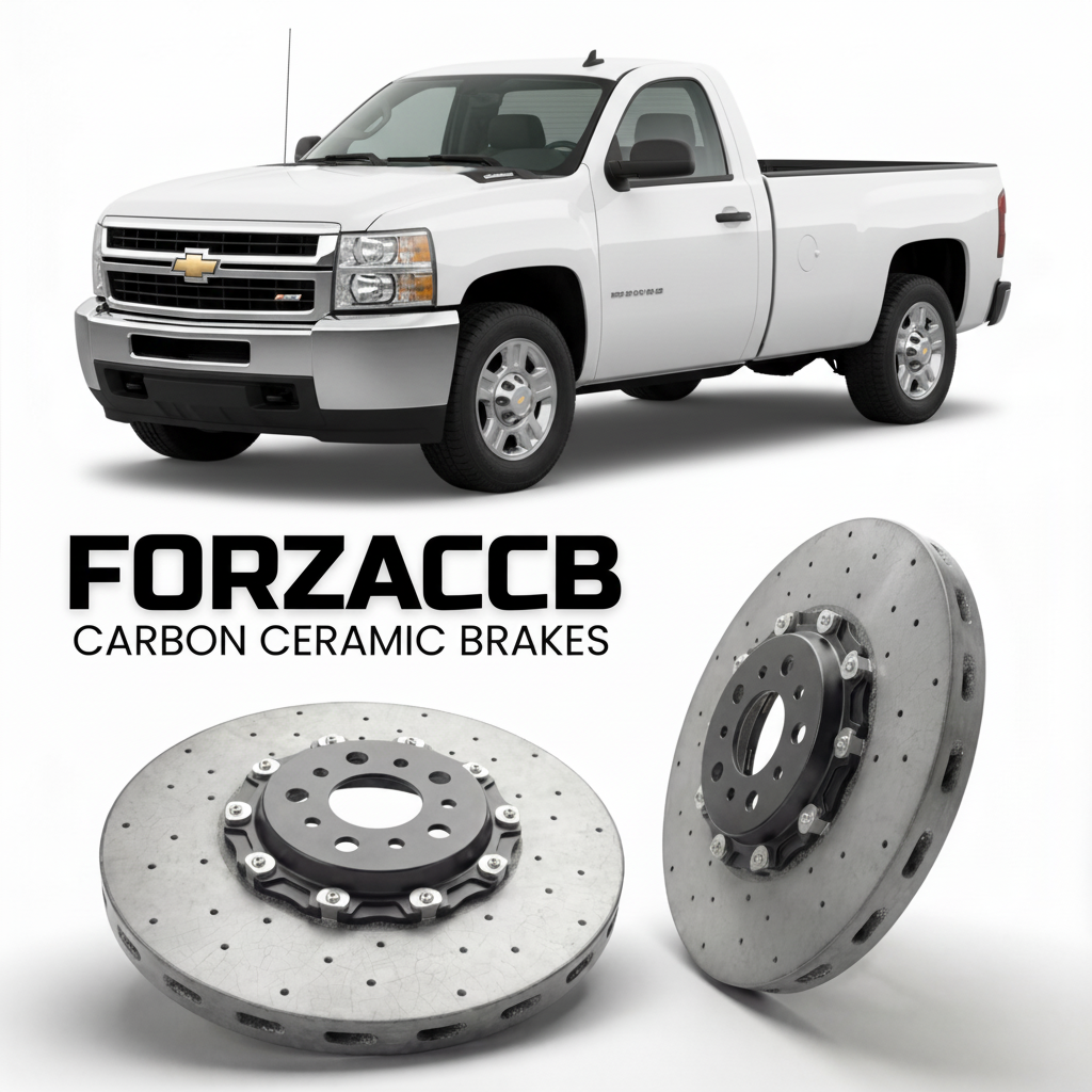 ForzaCCB direct OEM replacement carbon ceramic brake rotors for 2007-2010 Regular Cab Long Box) Chevrolet Silverado 3500 HD II (GMT900 models, shown with a white Chevrolet Silverado 3500 HD car.