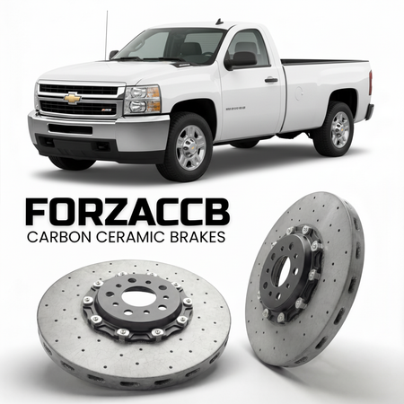 ForzaCCB direct OEM replacement carbon ceramic brake rotors for 2007-2010 Regular Cab Long Box) Chevrolet Silverado 3500 HD II (GMT900 models, shown with a white Chevrolet Silverado 3500 HD car.