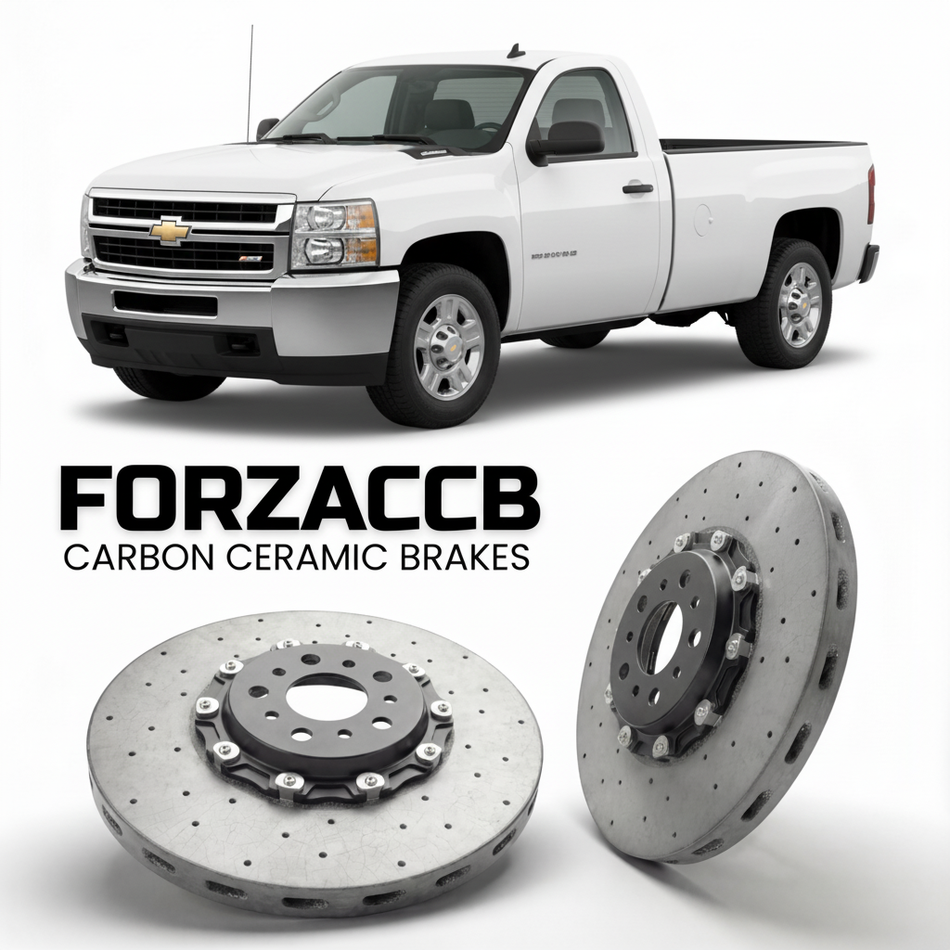ForzaCCB direct OEM replacement carbon ceramic brake rotors for 2007-2010 Regular Cab Long Box) Chevrolet Silverado 3500 HD II (GMT900 models, shown with a white Chevrolet Silverado 3500 HD car.