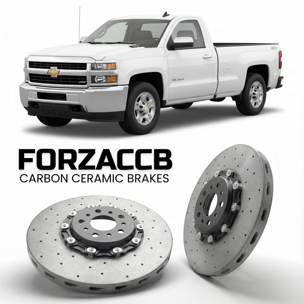 ForzaCCB direct OEM replacement carbon ceramic brake rotors for 2011-2014 Regular Cab Long Box) Chevrolet Silverado 3500 HD II (GMT900, facelift 2011 models, shown with a white Chevrolet Silverado 3500 HD car.