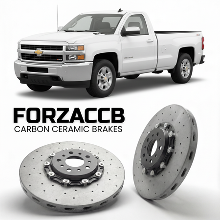 ForzaCCB direct OEM replacement carbon ceramic brake rotors for 2011-2014 Regular Cab Long Box) Chevrolet Silverado 3500 HD II (GMT900, facelift 2011 models, shown with a white Chevrolet Silverado 3500 HD car.