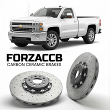 ForzaCCB direct OEM replacement carbon ceramic brake rotors for 2015-2019 Regular Cab Long Box) Chevrolet Silverado 3500 HD III (K2XX models, shown with a white Chevrolet Silverado 3500 HD car.