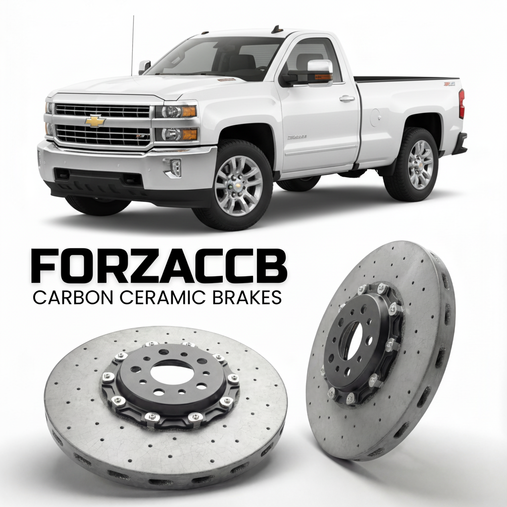 ForzaCCB direct OEM replacement carbon ceramic brake rotors for 2015-2019 Regular Cab Long Box) Chevrolet Silverado 3500 HD III (K2XX models, shown with a white Chevrolet Silverado 3500 HD car.