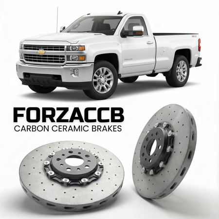 ForzaCCB direct OEM replacement carbon ceramic brake rotors for 2015-2019 Regular Cab Long Box) Chevrolet Silverado 3500 HD III (K2XX models, shown with a white Chevrolet Silverado 3500 HD car.