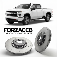 ForzaCCB direct OEM replacement carbon ceramic brake rotors for 2020-2023 Regular Cab Long Bed) Chevrolet Silverado 3500 HD IV (T1XX models, shown with a white Chevrolet Silverado 3500 HD car.