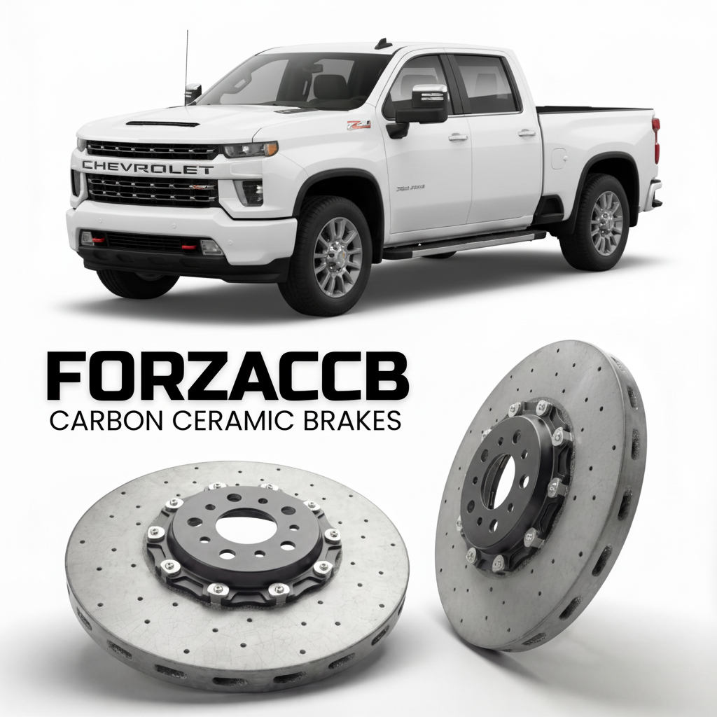 ForzaCCB direct OEM replacement carbon ceramic brake rotors for 2020-2023 Regular Cab Long Bed) Chevrolet Silverado 3500 HD IV (T1XX models, shown with a white Chevrolet Silverado 3500 HD car.