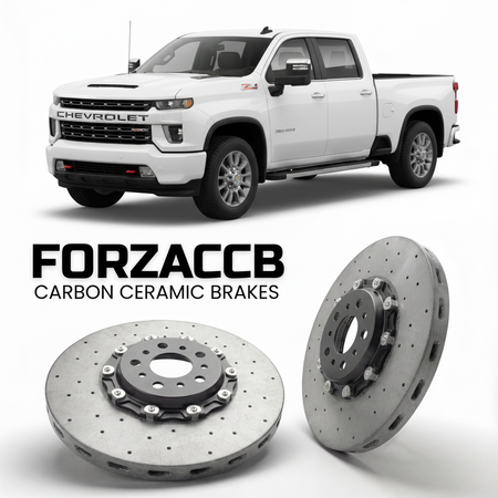 ForzaCCB direct OEM replacement carbon ceramic brake rotors for 2020-2023 Regular Cab Long Bed) Chevrolet Silverado 3500 HD IV (T1XX models, shown with a white Chevrolet Silverado 3500 HD car.