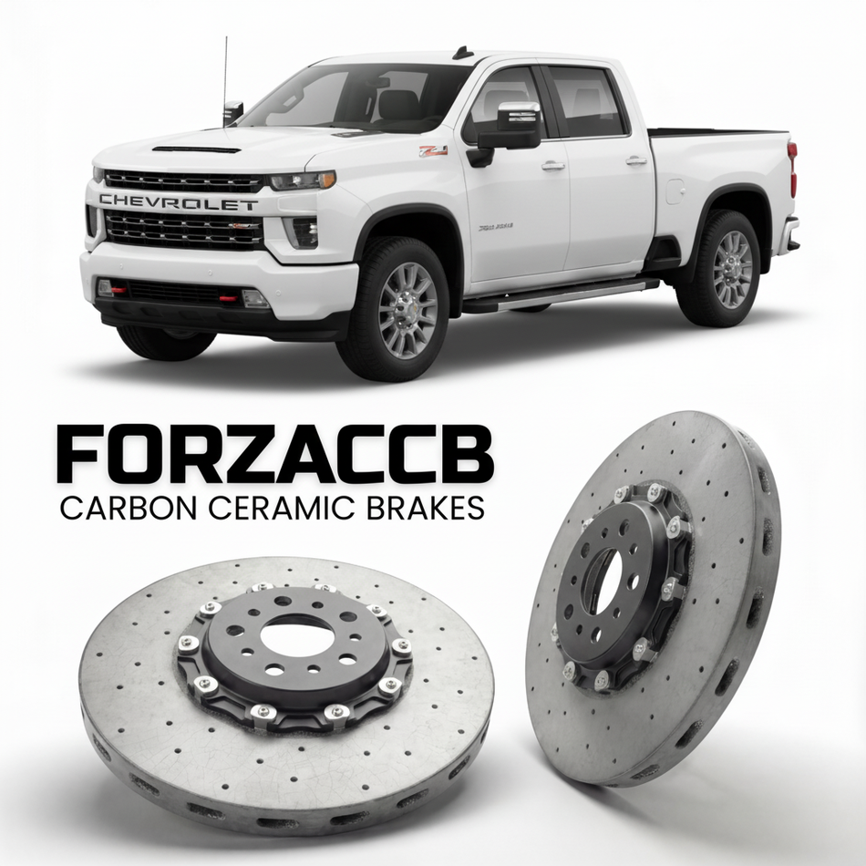 ForzaCCB direct OEM replacement carbon ceramic brake rotors for 2020-2023 Regular Cab Long Bed) Chevrolet Silverado 3500 HD IV (T1XX models, shown with a white Chevrolet Silverado 3500 HD car.