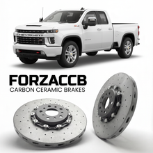 ForzaCCB direct OEM replacement carbon ceramic brake rotors for 2024+ Regular Cab Long Bed) Chevrolet Silverado 3500 HD IV (T1XX, facelift 2024 models, shown with a white Chevrolet Silverado 3500 HD car.
