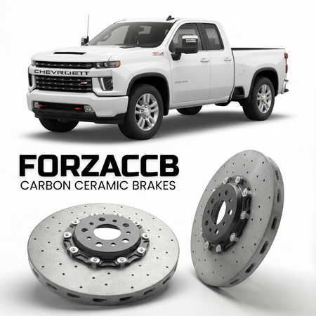 ForzaCCB direct OEM replacement carbon ceramic brake rotors for 2024+ Regular Cab Long Bed) Chevrolet Silverado 3500 HD IV (T1XX, facelift 2024 models, shown with a white Chevrolet Silverado 3500 HD car.