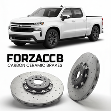 ForzaCCB direct OEM replacement carbon ceramic brake rotors for 2023 and newer Chevrolet Silverado EV Crew Cab models, shown with a white Chevrolet Silverado EV car.