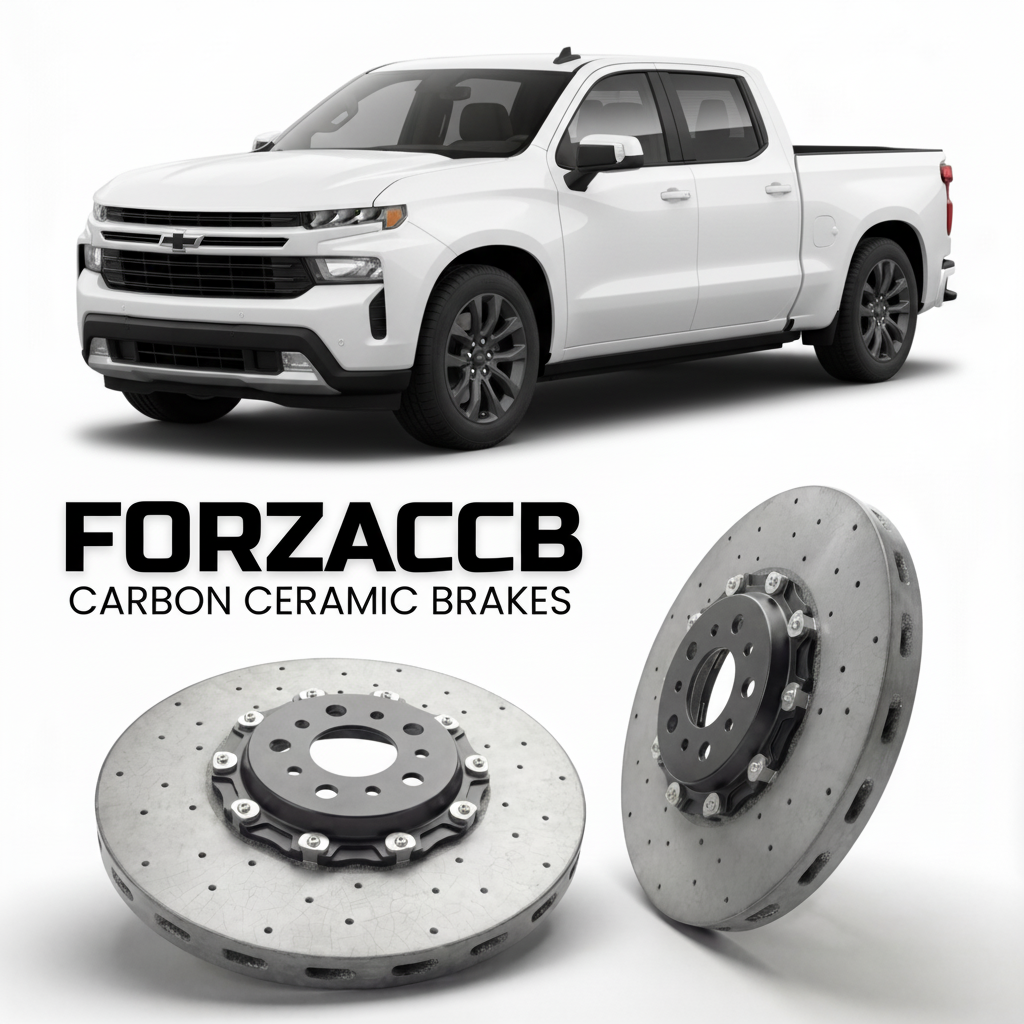 ForzaCCB direct OEM replacement carbon ceramic brake rotors for 2023 and newer Chevrolet Silverado EV Crew Cab models, shown with a white Chevrolet Silverado EV car.