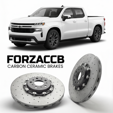 ForzaCCB direct OEM replacement carbon ceramic brake rotors for 2023 and newer Chevrolet Silverado EV Crew Cab models, shown with a white Chevrolet Silverado EV car.