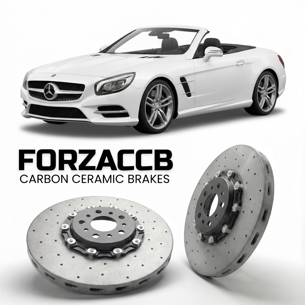 ForzaCCB direct OEM replacement carbon ceramic brake rotors for 2014 to 2020 Mercedes-Benz SL 400 / SL 450 R231 models, shown with a white Mercedes-Benz SL 400 / SL 450 car.