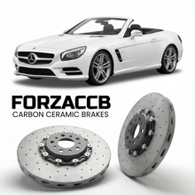 ForzaCCB direct OEM replacement carbon ceramic brake rotors for 2014 to 2020 Mercedes-Benz SL 400 / SL 450 R231 models, shown with a white Mercedes-Benz SL 400 / SL 450 car.