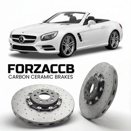 ForzaCCB direct OEM replacement carbon ceramic brake rotors for 2014 to 2020 Mercedes-Benz SL 400 / SL 450 R231 models, shown with a white Mercedes-Benz SL 400 / SL 450 car.