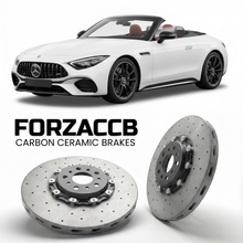 ForzaCCB direct OEM replacement carbon ceramic brake rotors for 2022 and newer Mercedes-Benz SL 43 AMG R232 models, shown with a white Mercedes-Benz SL 43 AMG car.