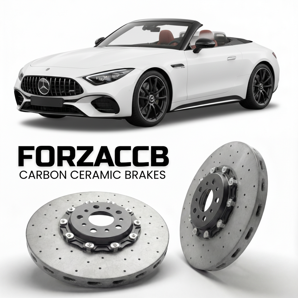 ForzaCCB direct OEM replacement carbon ceramic brake rotors for 2022 and newer Mercedes-Benz SL 43 AMG R232 models, shown with a white Mercedes-Benz SL 43 AMG car.