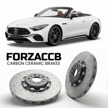 ForzaCCB direct OEM replacement carbon ceramic brake rotors for 2022 and newer Mercedes-Benz SL 43 AMG R232 models, shown with a white Mercedes-Benz SL 43 AMG car.