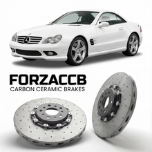ForzaCCB direct OEM replacement carbon ceramic brake rotors for 2003 to 2011 Mercedes-Benz SL 500 / SL 550 R230 models, shown with a white Mercedes-Benz SL 500 / SL 550 car.