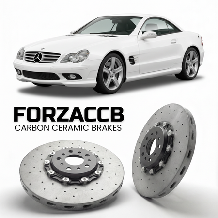 ForzaCCB direct OEM replacement carbon ceramic brake rotors for 2003 to 2011 Mercedes-Benz SL 500 / SL 550 R230 models, shown with a white Mercedes-Benz SL 500 / SL 550 car.