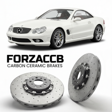 ForzaCCB direct OEM replacement carbon ceramic brake rotors for 2003 to 2008 Mercedes-Benz SL 55 AMG R230 models, shown with a white Mercedes-Benz SL 55 AMG car.