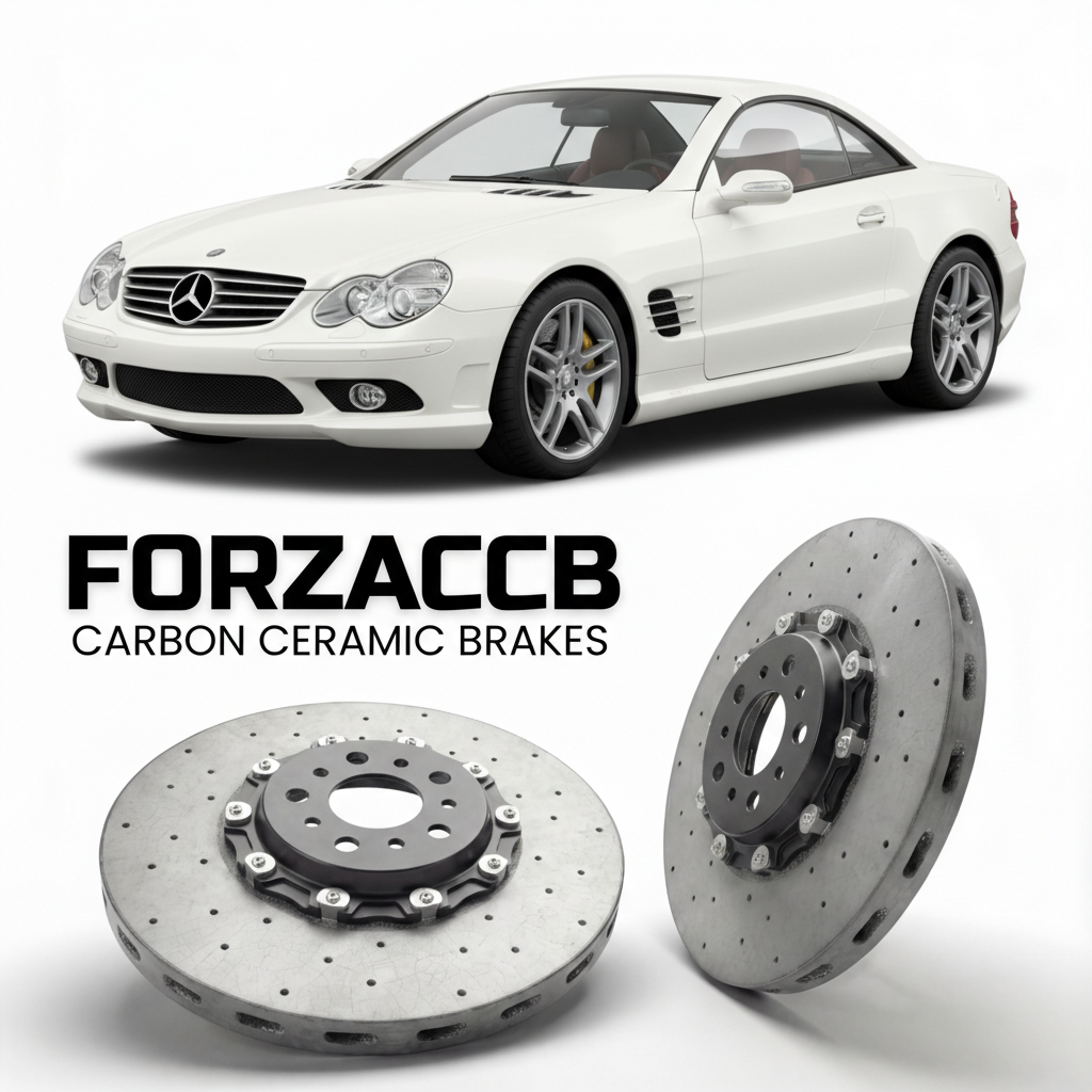 ForzaCCB direct OEM replacement carbon ceramic brake rotors for 2003 to 2008 Mercedes-Benz SL 55 AMG R230 models, shown with a white Mercedes-Benz SL 55 AMG car.