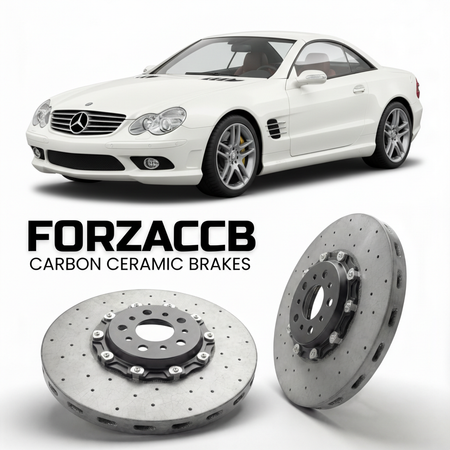 ForzaCCB direct OEM replacement carbon ceramic brake rotors for 2003 to 2008 Mercedes-Benz SL 55 AMG R230 models, shown with a white Mercedes-Benz SL 55 AMG car.