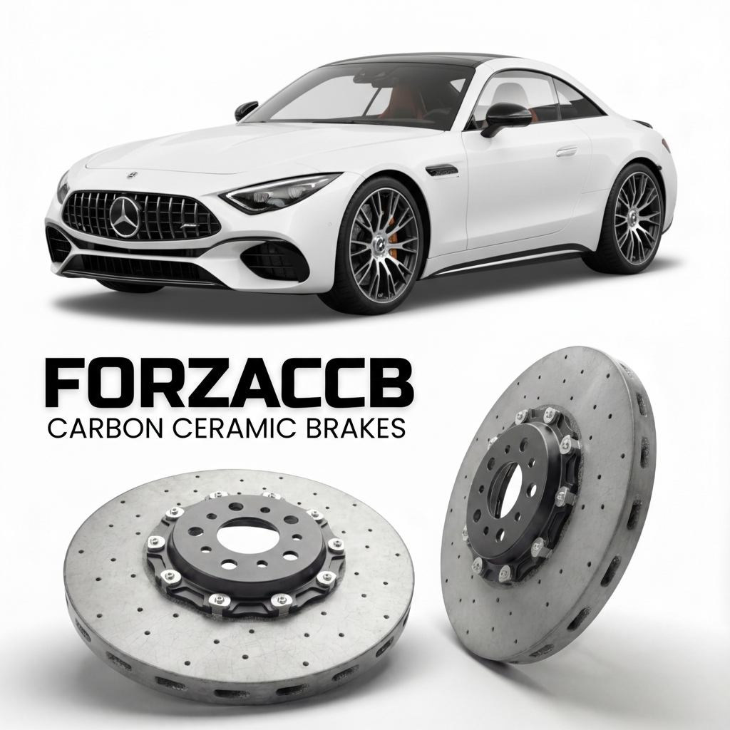 ForzaCCB direct OEM replacement carbon ceramic brake rotors for 2022 and newer Mercedes-Benz SL 55 AMG R232 models, shown with a white Mercedes-Benz SL 55 AMG car.