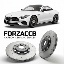 ForzaCCB direct OEM replacement carbon ceramic brake rotors for 2022 and newer Mercedes-Benz SL 55 AMG R232 models, shown with a white Mercedes-Benz SL 55 AMG car.