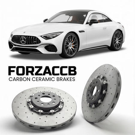 ForzaCCB direct OEM replacement carbon ceramic brake rotors for 2022 and newer Mercedes-Benz SL 55 AMG R232 models, shown with a white Mercedes-Benz SL 55 AMG car.