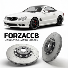 ForzaCCB direct OEM replacement carbon ceramic brake rotors for 2006 to 2008 Mercedes-Benz SL 55 AMG R230 models, shown with a white Mercedes-Benz SL 55 AMG car.