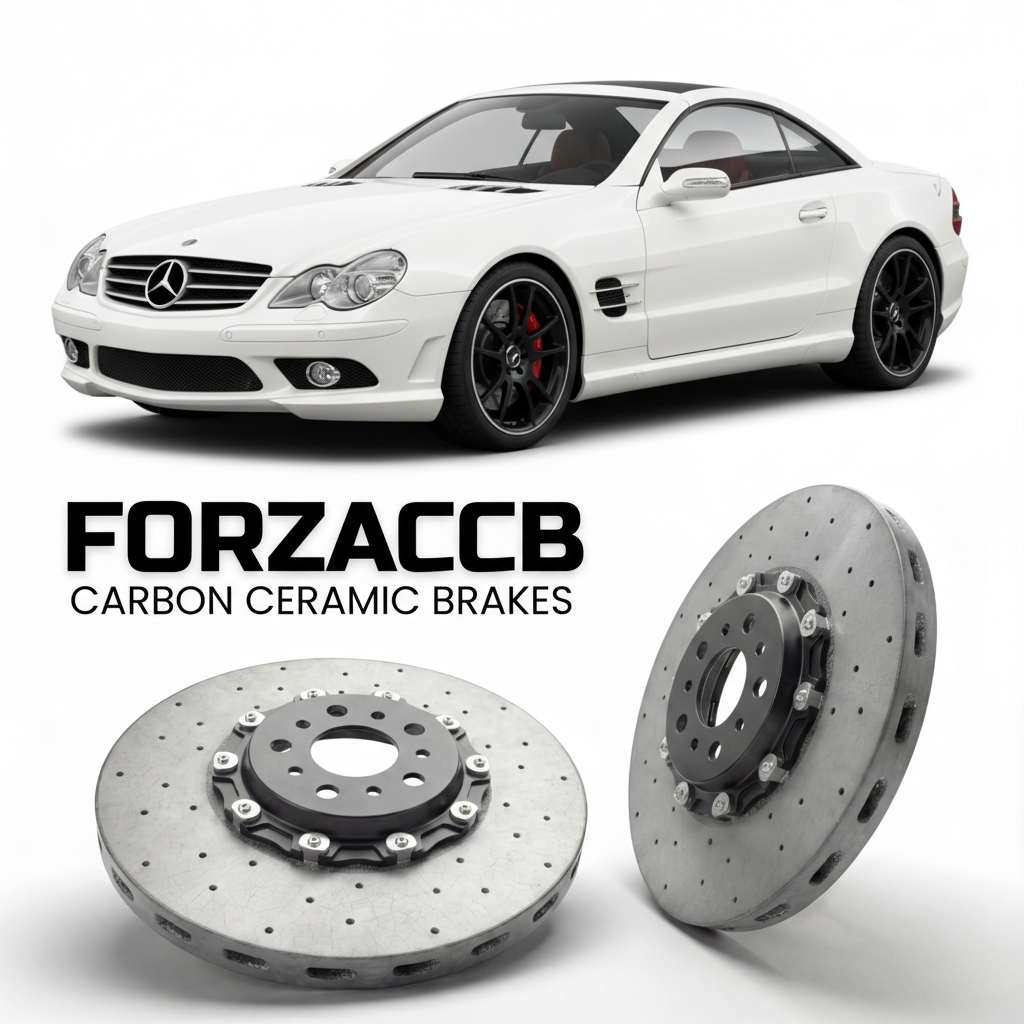 ForzaCCB direct OEM replacement carbon ceramic brake rotors for 2006 to 2008 Mercedes-Benz SL 55 AMG R230 models, shown with a white Mercedes-Benz SL 55 AMG car.