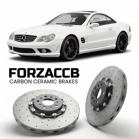 ForzaCCB direct OEM replacement carbon ceramic brake rotors for 2006 to 2008 Mercedes-Benz SL 55 AMG R230 models, shown with a white Mercedes-Benz SL 55 AMG car.