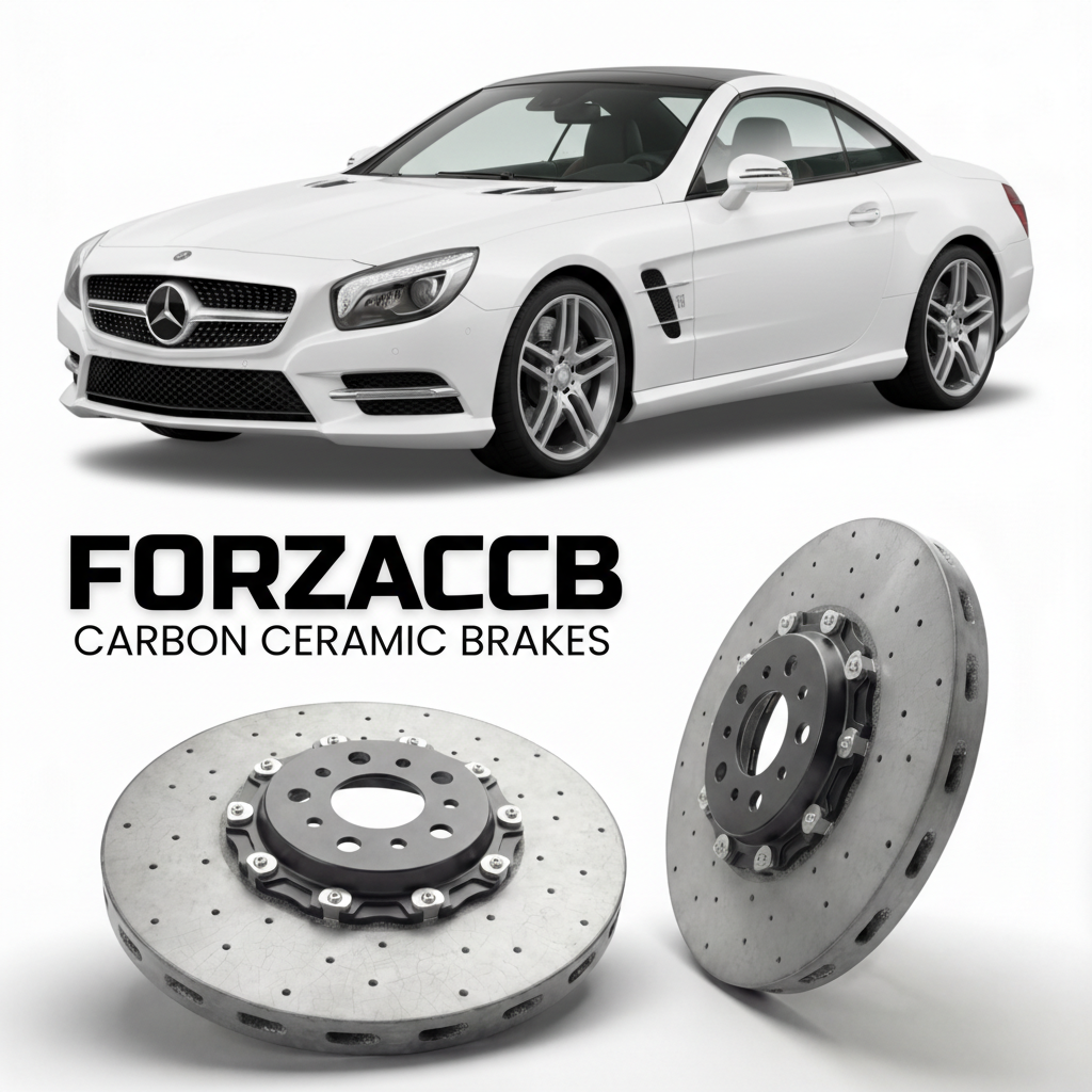 ForzaCCB direct OEM replacement carbon ceramic brake rotors for 2012 to 2020 Mercedes-Benz SL 550 R231 models, shown with a white Mercedes-Benz SL 550 car.