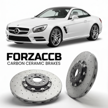 ForzaCCB direct OEM replacement carbon ceramic brake rotors for 2012 to 2020 Mercedes-Benz SL 550 R231 models, shown with a white Mercedes-Benz SL 550 car.