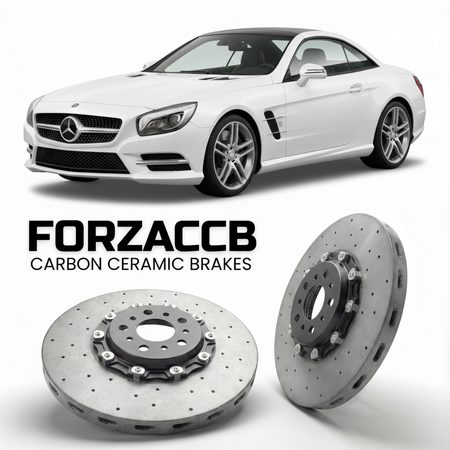 ForzaCCB direct OEM replacement carbon ceramic brake rotors for 2012 to 2020 Mercedes-Benz SL 550 R231 models, shown with a white Mercedes-Benz SL 550 car.