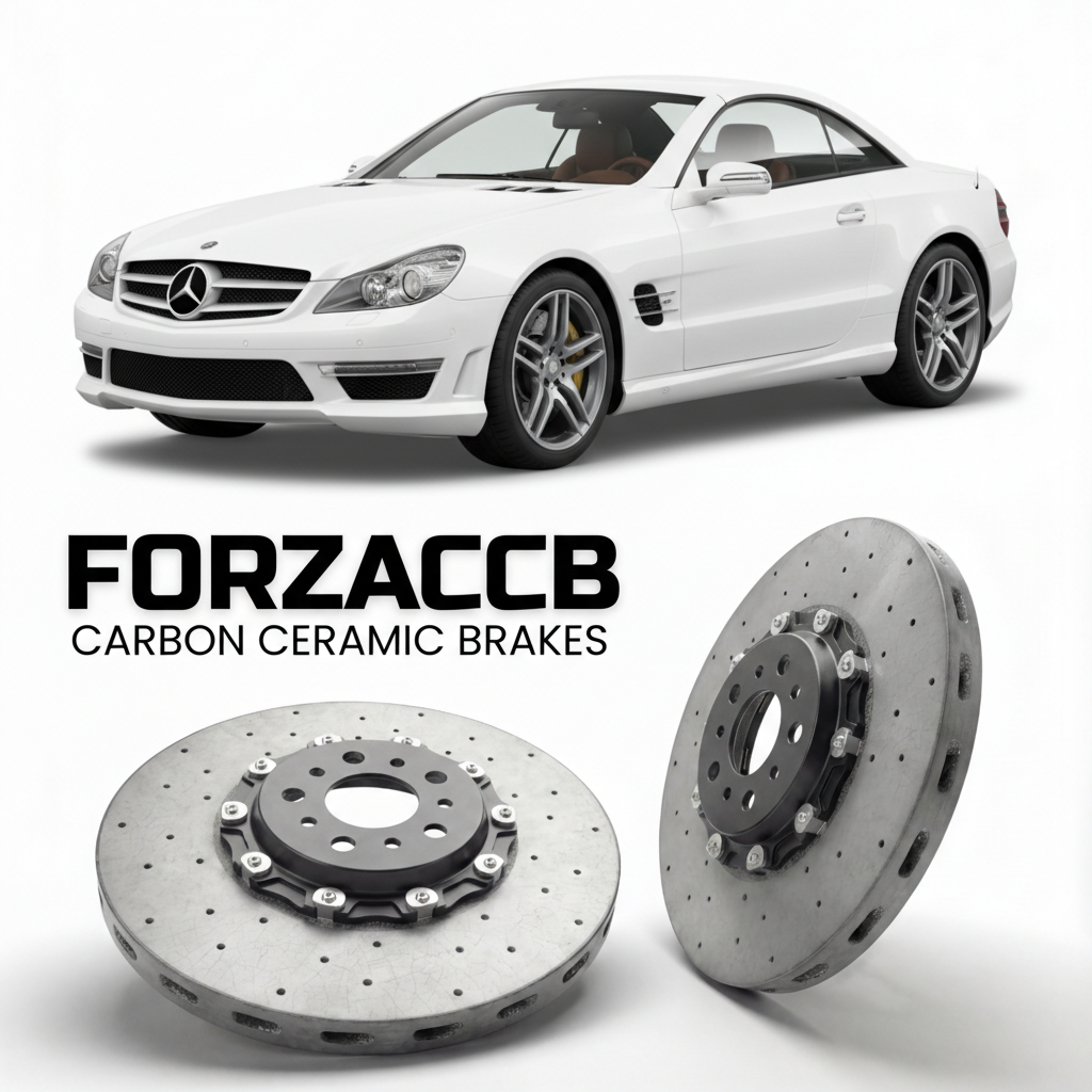 ForzaCCB direct OEM replacement carbon ceramic brake rotors for 2008 to 2011 Mercedes-Benz SL 63 AMG R230 models, shown with a white Mercedes-Benz SL 63 AMG car.