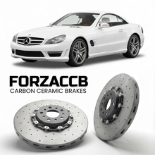 ForzaCCB direct OEM replacement carbon ceramic brake rotors for 2008 to 2011 Mercedes-Benz SL 63 AMG R230 models, shown with a white Mercedes-Benz SL 63 AMG car.