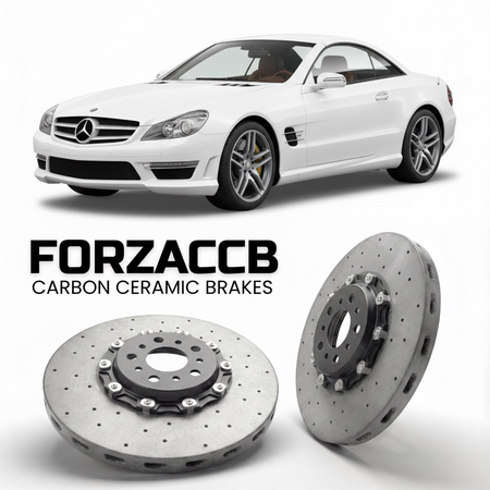 ForzaCCB direct OEM replacement carbon ceramic brake rotors for 2008 to 2011 Mercedes-Benz SL 63 AMG R230 models, shown with a white Mercedes-Benz SL 63 AMG car.