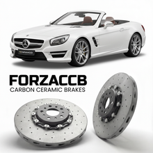 ForzaCCB direct OEM replacement carbon ceramic brake rotors for 2012 to 2019 Mercedes-Benz SL 63 AMG R231 models, shown with a white Mercedes-Benz SL 63 AMG car.