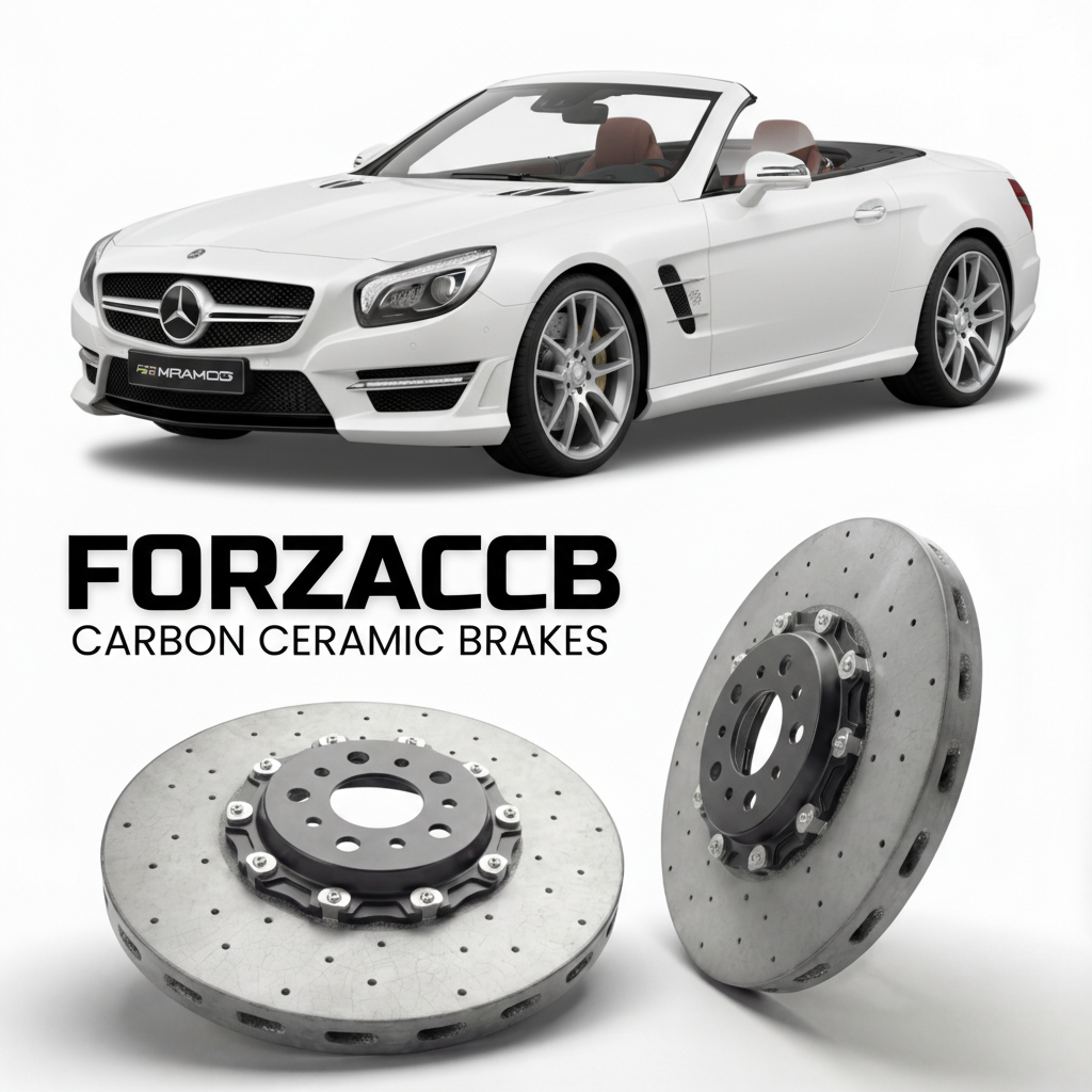 ForzaCCB direct OEM replacement carbon ceramic brake rotors for 2012 to 2019 Mercedes-Benz SL 63 AMG R231 models, shown with a white Mercedes-Benz SL 63 AMG car.