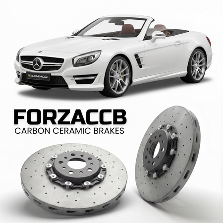 ForzaCCB direct OEM replacement carbon ceramic brake rotors for 2012 to 2019 Mercedes-Benz SL 63 AMG R231 models, shown with a white Mercedes-Benz SL 63 AMG car.