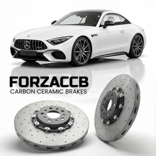 ForzaCCB direct OEM replacement carbon ceramic brake rotors for 2022 and newer Mercedes-Benz SL 63 AMG R232 models, shown with a white Mercedes-Benz SL 63 AMG car.