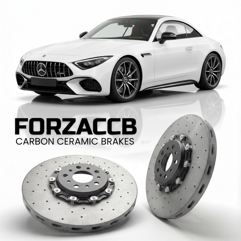 ForzaCCB direct OEM replacement carbon ceramic brake rotors for 2022 and newer Mercedes-Benz SL 63 AMG R232 models, shown with a white Mercedes-Benz SL 63 AMG car.