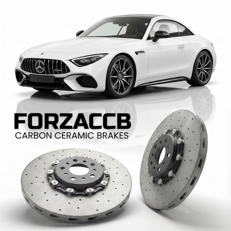ForzaCCB direct OEM replacement carbon ceramic brake rotors for 2022 and newer Mercedes-Benz SL 63 AMG R232 models, shown with a white Mercedes-Benz SL 63 AMG car.